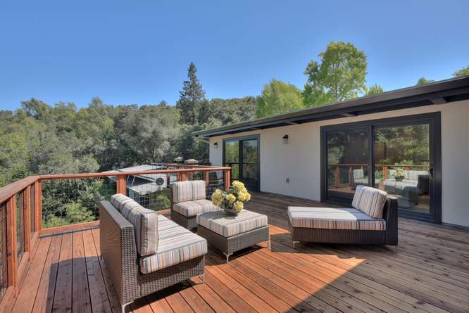 Deck and living area of a redesigned modern residence in Redwood City